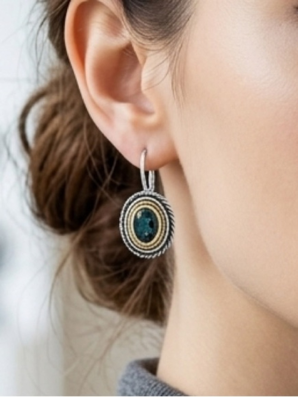 Two-Tone Mixed Metal London Blue Topaz Rope Edge Leverback Earrings